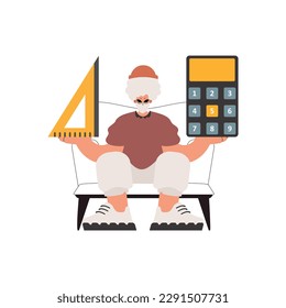 The individual holds a ruler and a calculator in his hands, isolated on a white establishment. Trendy style, Vector Illustration