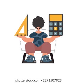 The individual holds a ruler and a calculator in his hands, restricted on a white establishment. Trendy style, Vector Illustration