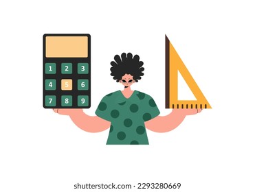 The individual holds a ruler and a calculator in his hands, compelled on a white establishment. Trendy style, Vector Illustration