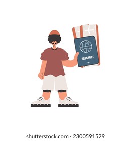 The individual holds a visa and see at tickets in his hands. Kept on white establishment. Trendy style, Vector Illustration