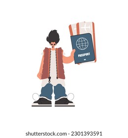 The individual holds a visa and see at tickets in his hands. Kept on white establishment. Trendy style, Vector Illustration
