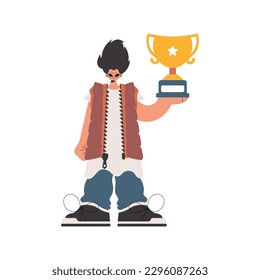 The individual holds the winner's glass in his hands, compelled on a white establishment. Trendy style, Vector Illustration