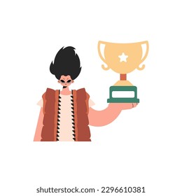 The individual holds the winner's glass in his hands, compelled on a white establishment. Trendy style, Vector Illustration