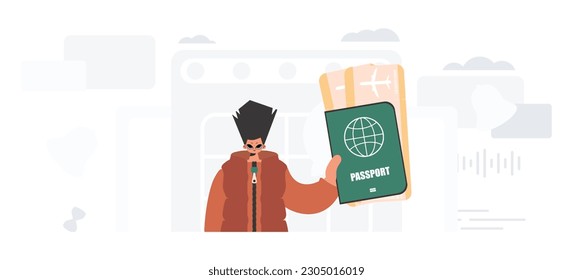 The individual holds a worldwide id and talk about tickets in his hands. The concept of rest and travel. Trendy style, Vector Illustration