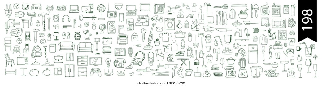 individual household items household appliances everything for the home Vector hand drawn stock illustration White background Electrician repair tools kitchen and bathroom accessories Computer Dishes