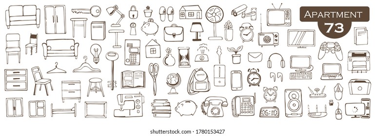 individual household items, everything for the apartment Vector hand drawn stock illustration White background household appliances furniture computer equipment Printer backpack phone book watch tv