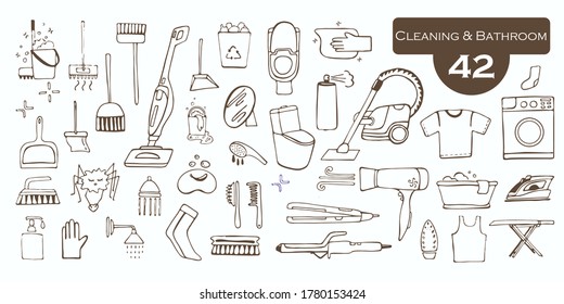 individual household items, everything for the bathroom and cleaning. Vector hand drawn stock illustration. White background. Washing machine, iron, vacuum cleaner, toilet bowl, trash can, mop, soap