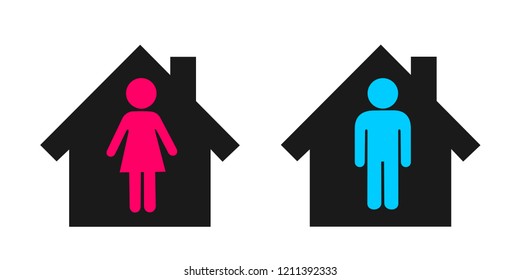 Vivienda individual de hombre y mujer solteros solitarios e independientes / pareja heterosexual separada vive en dos casas. Ilustración del vector