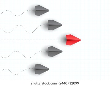 Individual leader paper plane lead other on grid background. Business and leadership concept. Vector illustration 