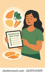 Individual meal plan.A woman holds a tablet with a personalized meal plan in her hands. The background shows healthy foods: fish, carrots, greens and cereals. An illustration about a healthy lifestyle
