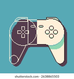 Individual of Modern Game Controller with Sketch Lines, Blue Background, Pixel Art Style Illustration