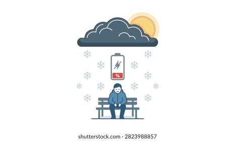 Individual on park bench experiencing rain with cloud and rain droplets, smartphone battery warning, symbolizing weather and tech challenges.