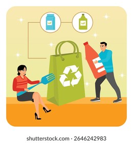 Individual participation in collecting recycling to raise environmental awareness. Displaying recyclable packaging and eco-friendly symbols. environmentally friendly products concept.