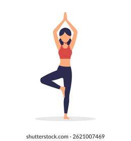 Individual performing the yoga tree pose demonstrating balance stability and focus isolated on a white backdrop