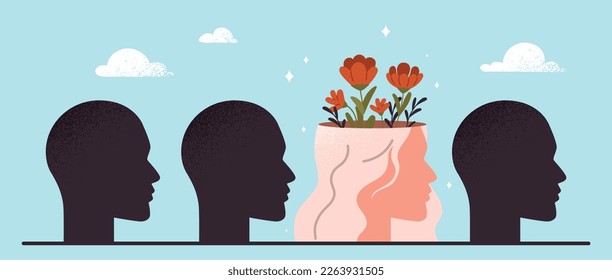 Individual person concept. Female head with hair next to abstract silhouettes. Self development and awareness, motivation. Unique character, creativity and visionary. Cartoon flat vector illustration