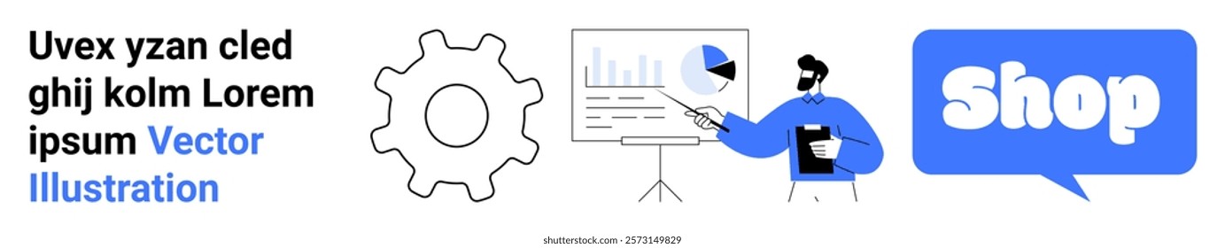 An individual pointing at a chart with statistics, accompanied by a gear icon and a shop button. Ideal for business presentation, online shopping, technology, e-commerce, and data analysis themes