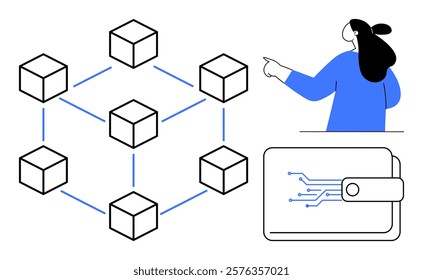 Individual pointing towards a network of interconnected cubes emphasizing blockchain technology and a digital wallet. Ideal for blockchain, technology, digital currency, online security, innovation