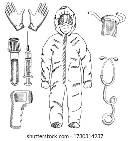 Individual protection against covid-19 infection for doctors and nurses in hospital. Medical gown protective suit, latex gloves non-contact infrared thermometer, stethoscope, face shield vector sketch