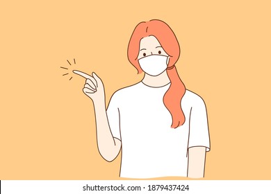 Individual protection from COVID-19 and gesturing concept. Young woman cartoon character in medical protective mask from coronavirus disease pointing with hand and finger up to side