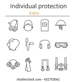 Individual protection. Set of icons of personal protective equipment in construction for eyes, head, ears, hands,  lungs and the body.  Vector. 