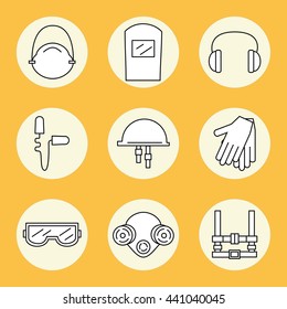 Individual protection. Set of icons of personal protective equipment in construction for eyes, head, ears, hands,  lungs and the body. Vector 
