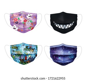 Individual protective color medial masks realistic icon set with different patterns and styles vector illustration