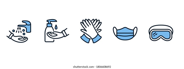 Individual protective equipment line icon set blue color. Sanitizer, hand hygiene, gloves, goggles, medical mask