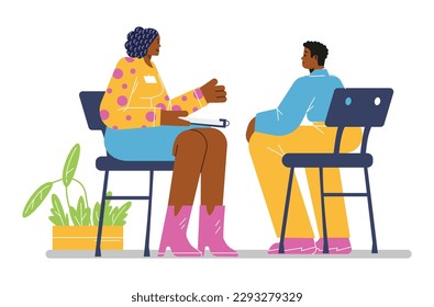 Individual psychological therapy session, flat vector illustration isolated on white background. Psychological treatment of addictions and mental problems.
