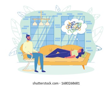 Individual Psychotherapists Session with Patient. Treated Woman Laying on Couch and Discussing Psychological Problems. Mental Health and Stress Relief Preventive Methods. Flat Vector Illustration.