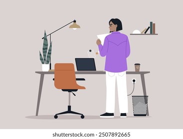 An individual in a purple shirt thoughtfully reviews a document while standing by a stylish desk in a contemporary office