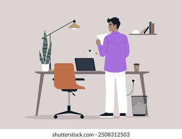 An individual in a purple shirt thoughtfully reviews a document while standing by a stylish desk in a contemporary office