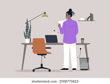 An individual in a purple shirt thoughtfully reviews a document while standing by a stylish desk in a contemporary office