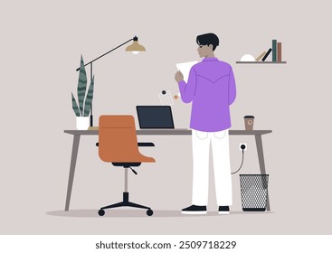 An individual in a purple shirt thoughtfully reviews a document while standing by a stylish desk in a contemporary office