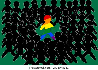 An individual in rainbow colors stands out in a crowd of black silhouettes, symbolizing LGBT pride, individuality, and diversity.