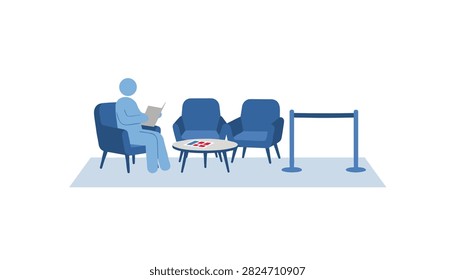 Individual reading a document while sitting in a blue armchair in a waiting room area with a coffee table and stanchion barrier.