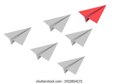 Individual red leader paper plane lead other. Business and leadership concept