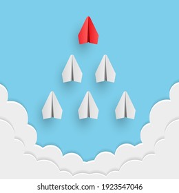 Individual red leader paper plane lead other. Business and leadership concept