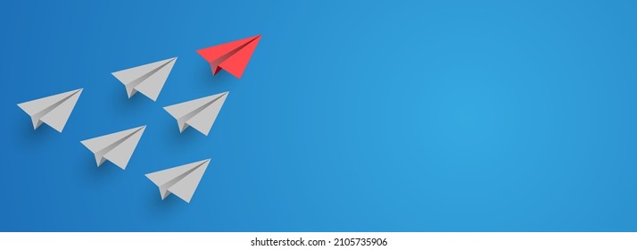 Individual red leader paper plane lead other on blank copy space background. Business and leadership concept. Vector illustration