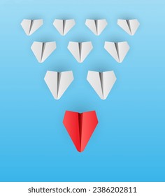 Individual red leader paper plane lead other. Business and leadership concept