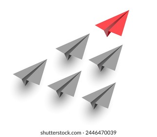 Individual red leader paper plane lead other. Business and leadership concept. Vector illustration