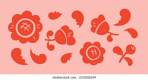 Individual red retro flower elements. Isolated from the background. Simple floral icons for logo, stationery design.