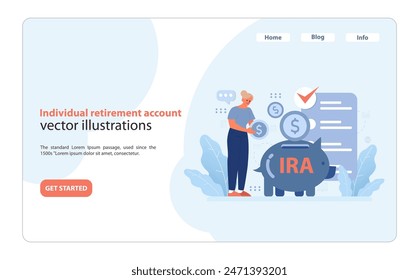 Individual Retirement Account concept. Woman placing coins with dollar signs into an IRA piggy bank, amid financial documents and digital chats. Preparing for future savings. Flat vector.