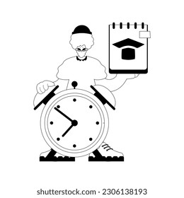 Individual with scratch cushion and caution clock. Learning subject. Hopeless and white line craftsmanship. Trendy style, Vector Illustration