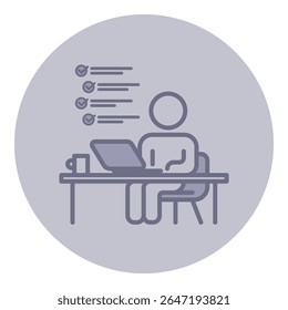 Indivíduo sentado na mesa moderna, envolvido no trabalho no laptop. Listas de verificação em segundo plano, sugerindo organização e produtividade. Caneca sentada perto