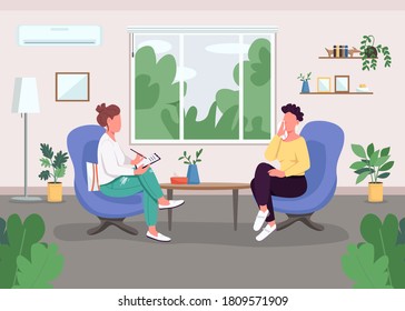 Individual session with psychologist flat color vector illustration. Mental health issues treatment. Psychological therapy. 2D cartoon faceless characters with consulting room on background