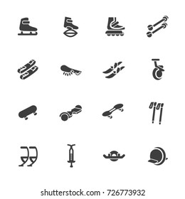 Individual sports devices as glyph icons. Devices for walking, jumping and rolling
