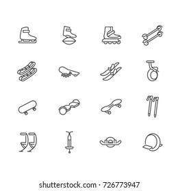 Individual sports devices as line icons. Devices for walking, jumping and rolling
