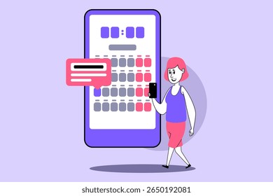 Indivíduo de pé enquanto olha para o smartphone com aplicativo de calendário aberto, explorando opções de agendamento. Conceito de planeamento ou organização eficiente de tarefas e eventos