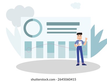 Individual stands beside a chart displaying data trends with clouds and foliage in the background.