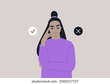 Individual stands in a minimalist space, hand to chin, contemplating decisions while surrounded by symbols indicating approval and disapproval, suggesting decision-making processes